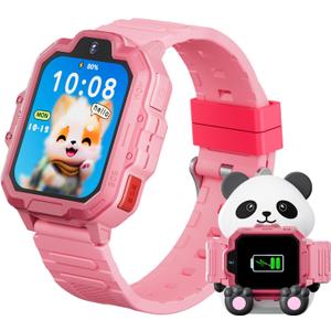 4G Kids Smart Watch, T17 Smartwatch Gifts with Panda Holder, GPS Tracker, Video Calling, SOS, Voice Chat, SMS, School Mode, Puzzle Games, HD Touch Screen for Boys & Girls 3-12Pink