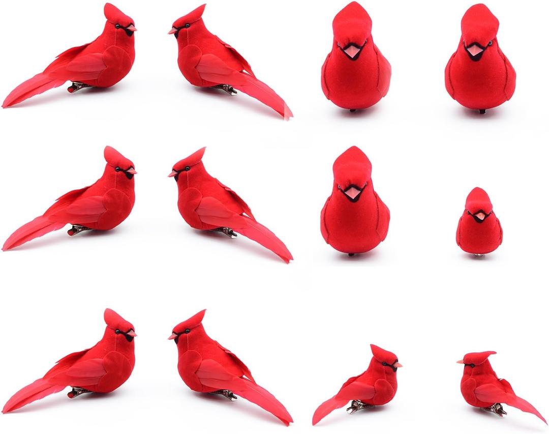 12pcs Cardinal Decor Red Cardinals Bird Clip on Christmas Tree Ornament Artificial Feathered Fake Birds Ornament for Home Decoration, Wreath, Craft - YM05C