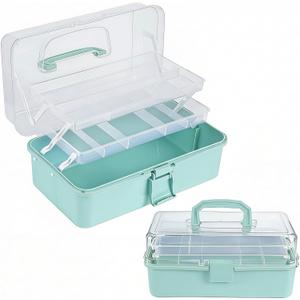 Craft Storage Box 3-Layer Plastic Craft Organizers and Storage, Portable Art Supply Organizer with Handle, Dividing Craft Box Organizer, Folding Arts and Crafts Storage for Sewing, Medicine, Tool (Green)