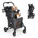 T1 Double Pet Stroller for 2 Small Dogs or Cats Lightweight Foldable Double Cat Stroller with Detachable Carrier (Black)