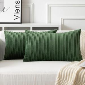 UGASA Velvet 12x20 Inch Lumbar Soft Throw Pillow Covers Decorative Corduroy Striped Both Sides Solid Rectangular Cushion Cases Boho Farmhouse for Couch Bedroom Sofa Home, Pack of 2, Moss Green