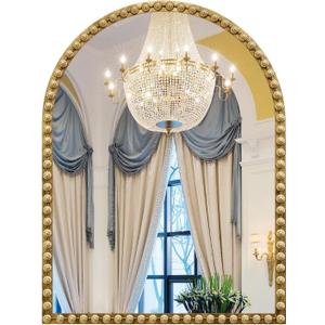 Arched Mirror for Wall, 24"x32" Gold Arch Bathroom Vanity Mirror, Metal Flower Frame Decorative Arch Wall Mirror, Antique Gold Arched Mirror for Washroom, Bedroom, Entryway, Living Room