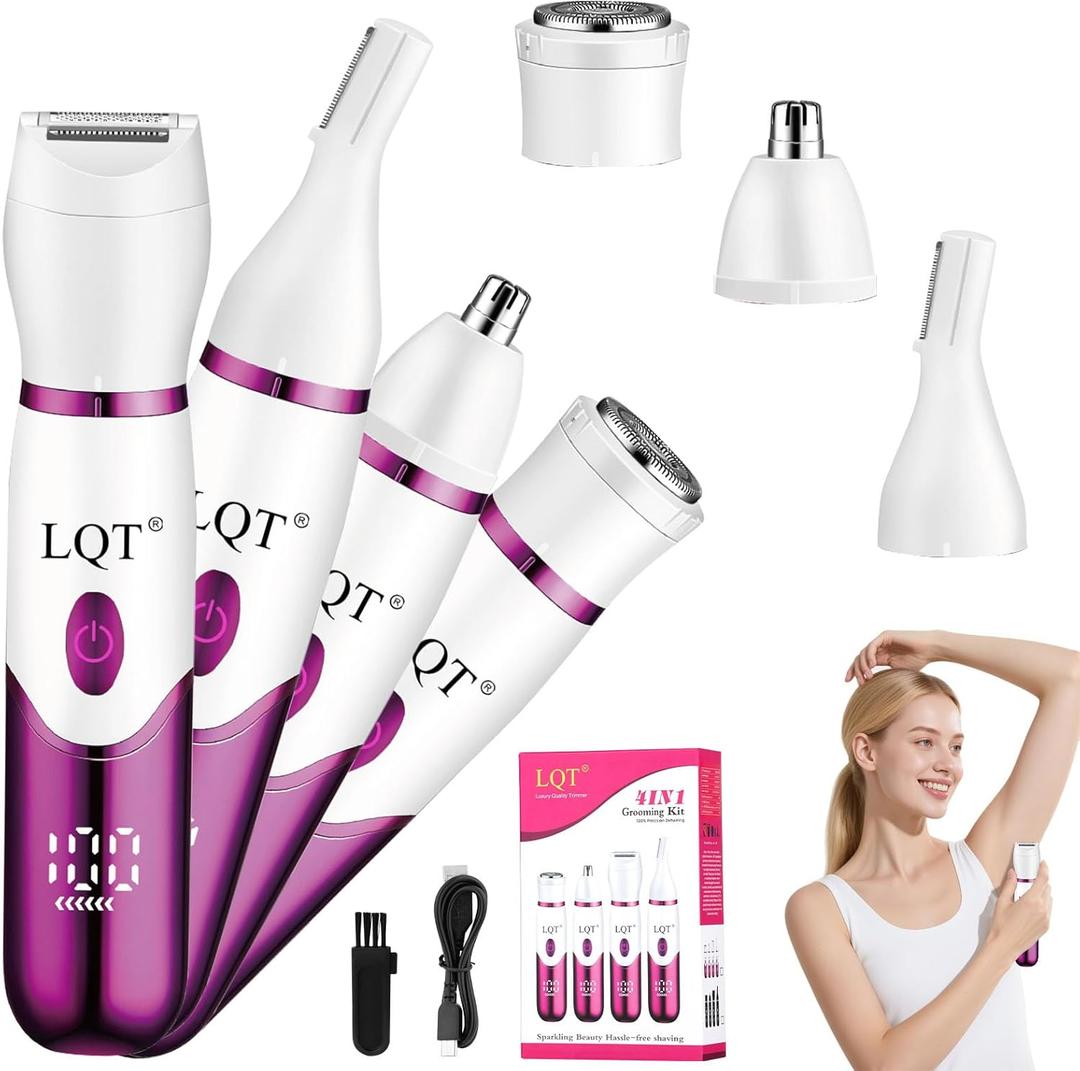 Electric Bikini Trimmer for Women,Led Power Display Removal for Body Nose Hair Trimmer Face Shavers Eyebrow Legs Armpit Bikini Area Pubic Underarms Rechargeable Portable 4 in 1 Womens Razors Set (Four-in-one multi-function, White)