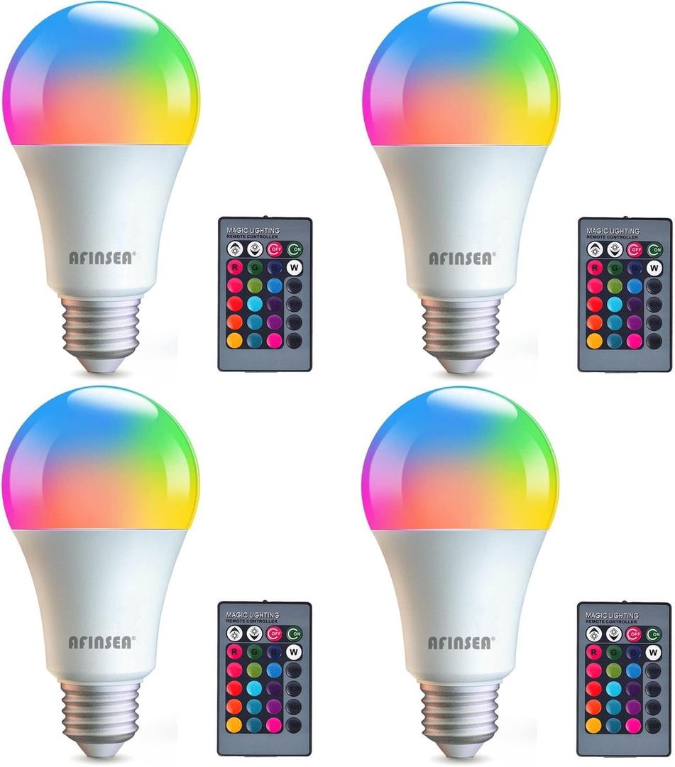 4 Pack RGB Color Changing Light Bulbs with Remote,RGBW LED Light Bulbs,9W Warm White 6500K,16 Color Multicolor A19 E27 Dimmable Memory Function,for Home Decoration,Stage,Bar,Party