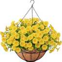 Ouddy Decor Artificial Hanging Plants Flowers Basket for Spring Summer Outdoor Decor, Fake Hanging Flowers Faux Silk Morning Glory UV Resistant for Patio Yard Porch Garden Home Decorations, Yellow