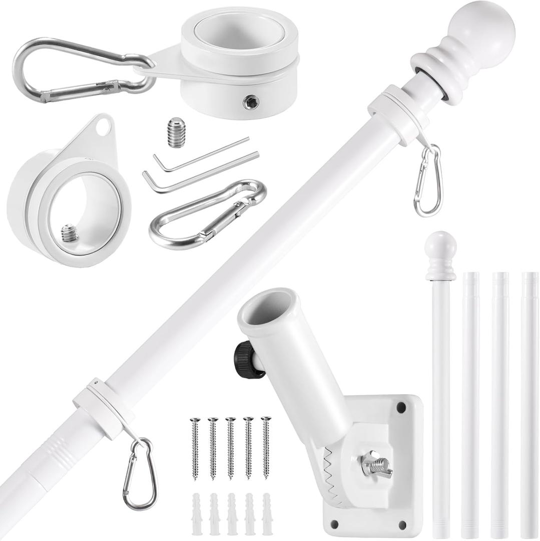 BONWIN White Flag Pole Kit for House, 5 FT Thickened Stainless Steel Porch Wall Mount Flagpole for 3x5' Flag, 1" Tangle Free Rotating Flag Pole Rings & 180 Adjustable Multi-Positions Bracket Holder