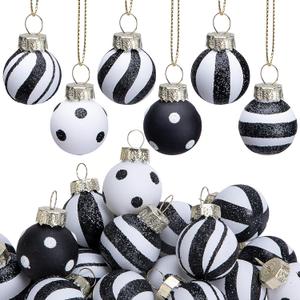 Deloky 24 Pcs Mini Christmas Black White Glass Balls Ornaments, 1" Glitter Christmas Stripe Dots Swirl Hanging Balls, Glass Miniature Black and White Ball Tree Decoration for Xmas Party Home Decor