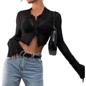 Avanova Women Sheer Mesh Button Down Crop Top Bell Sleeve Asymmetrical Hem Shirt Black C X-Large