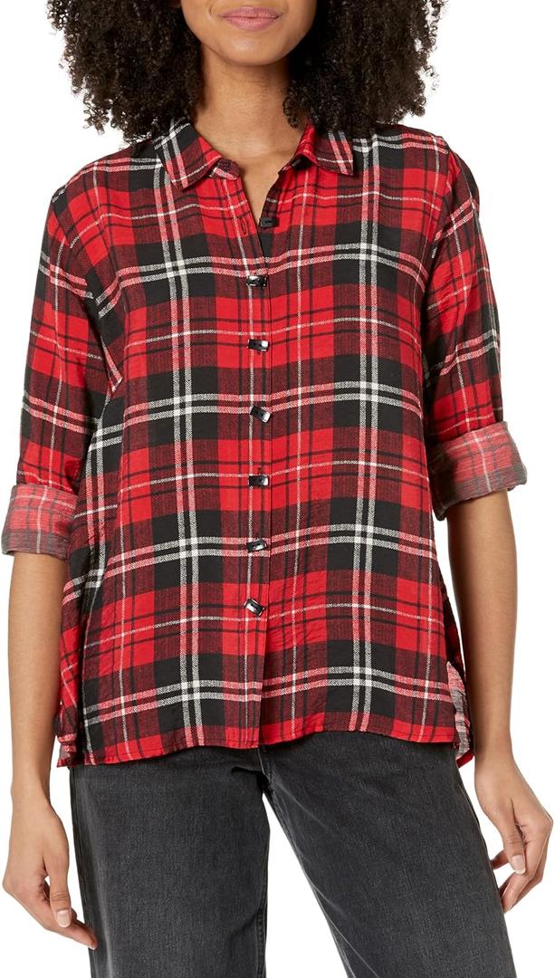 MULTIPLES Women's Turn-up Cuff Long Sleeve Button Front & Bk Shirt (0X, Ruby Red)