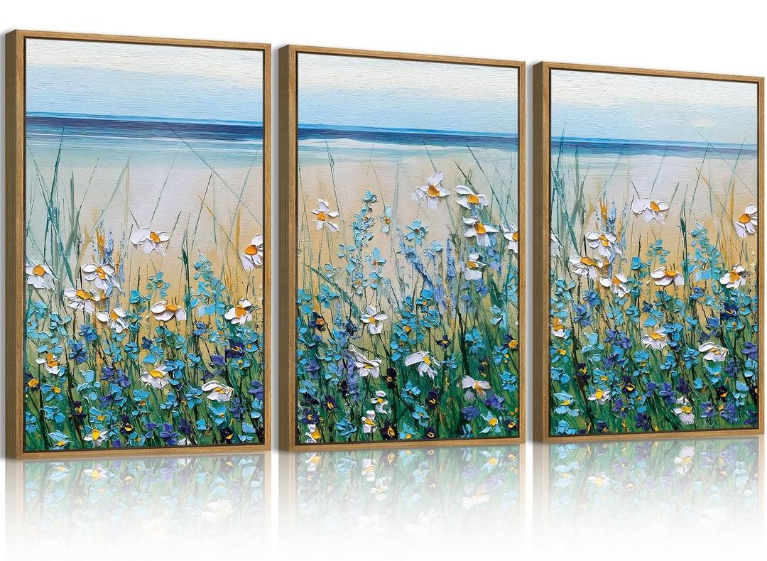 Blue Seaside Cyan Floral Wall Decor Wildflower Canvas Painting Framed Floral Prints Decor for Living Room Bedroom 16x24 Inch Set of 3