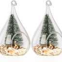 2 Pcs Hanging Glass Globes Orbs with Mini Christmas Tree, Clear Ornaments Balls with Natural Sea Shells, Tealight Candle Holder for Wedding, Christmas, Party, Centerpiece Accessory and Home Decor