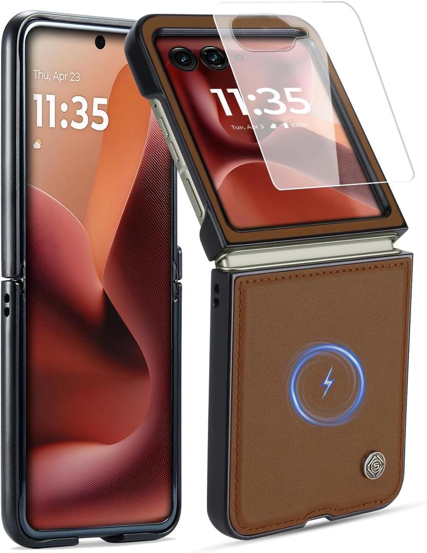 ASAPDOS Genuine Leather Folio Magnetic Case for Motorola Razr 2025 Ultra [Compatible with MagSafe],Built-in Screen Protector and Thin Slim Protective Case Cover Brown