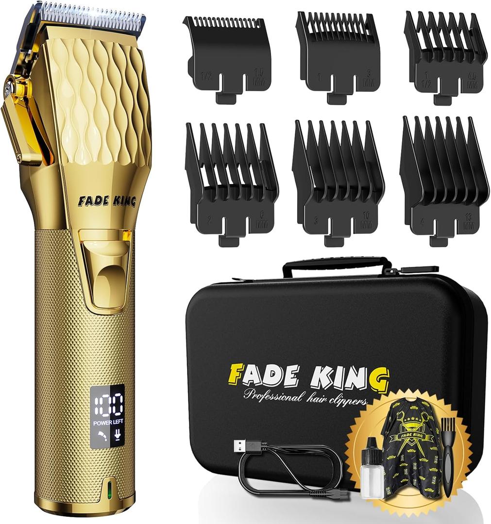 FADEKING Professional Hair Clippers for Men - Cordless Barber Clippers for Hair Cutting, Rechargeable Hair Beard Trimmer with LED Display & Quality Travel Storage Case (Gold)