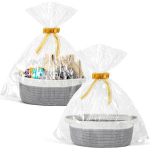 2 Pack Small Woven Basket with Gift Bags and Ribbons, Empty Decorative Gift Chest Box, Cute Baby Gift Basket for Nursery, Cotton Rope Room Shelf Storage Basket with Handles, All 12"x 8"x 5", Gray