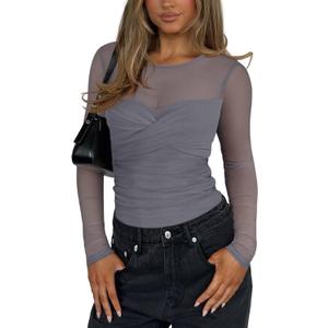REORIA Women's Sexy Round Neck Long Sleeve Trendy Front Twist Knot Sheer Mesh Ruched Going Out Bodysuits Tops (Deep Grey) M