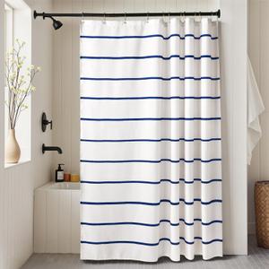 Navy Blue and White Striped Shower Curtain Set with Hooks, Waterproof Polyester Fabric, Printed Hand-Drawn Stripe Design, Coastal Modern Farmhouse Bathroom Decor, 72" x 72"