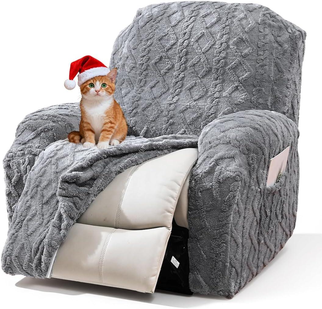 vctops 4 Pieces Geometric Jacquard Plush Recliner Slipcovers Soft Fuzzy Fluffy Sofa Couch Cover Anti-Slip Furniture Protector with Elastic Bottom for Kids Cats Dogs(Grey,1 Seat)