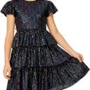 WELAKEN Girls Sequin Dress with Glittering Flutter Sleeves and Tiered Layers (10 Years, Rainbow)