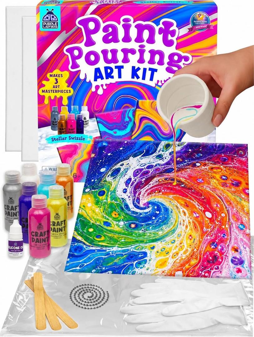 3 x Low-Mess Pouring Paint for Kids, Non-Toxic Crafts for Girls 8-12 | Washable Painting for Kids, Includes Gloves & Table Cover, Easier Cleanup, Screen-Free Arts & Crafts for Girls & Boys