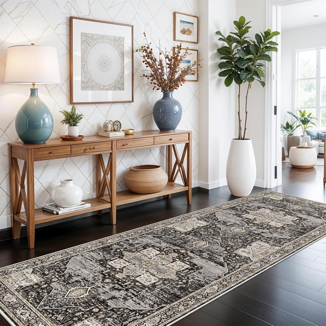 RUUGME Washable 3X8 Runner Rugs - Large Boho Rugs for Living Room Stain Resistant Carpet Vintage Tribal Rugs for Bedroom Kitchen Bathroom Non Slip Backing Home Decor Floor Decoration Mat 3X8 Black