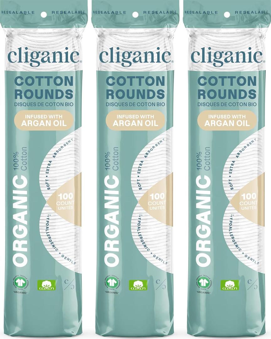 Cliganic Organic Cotton Rounds - Argan Oil Infused (300 Count) - Makeup Remover Pads, Hypoallergenic, Lint-Free | 100% Pure Cotton