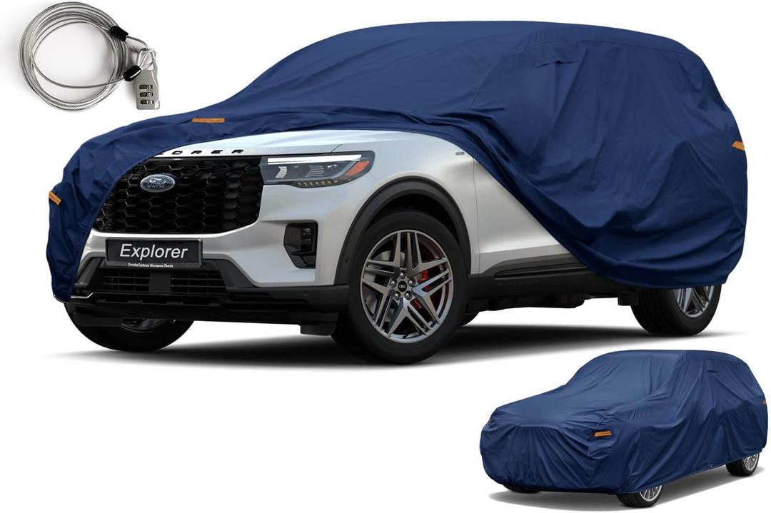 Heavy Duty SUV Car Cover Custom Fit Ford Explorer (1995-2025), Waterproof All Weather Resistant Outdoor Sun Rain Dust Snow Protection with Anti-Theft Lock. (Blue)