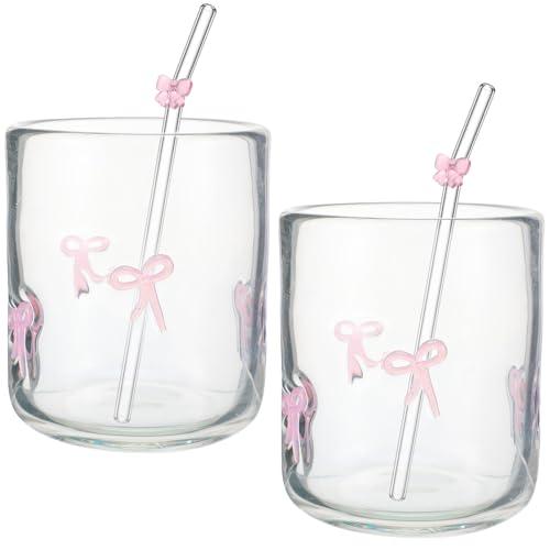 Skylety 2 Set 2 Pink Bow Icon Juice Glass with 2 Pink Bow Glass Straws Bow Aesthetic Cup 14 Ounce Double Old Fashioned Icon Handblown Cocktail Glass for Women Sister Friend Party