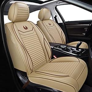 OASIS AUTO Car Seat Covers Premium Waterproof Faux Leather Cushion Universal Accessories Fit SUV Truck Sedan Automotive Vehicle Auto Interior Protector Front Pair (OD-008 Tan)