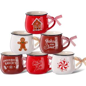 Sawysine Christmas Coffee Mugs Set of 6, 12 oz Ceramic Mug Gift Holiday Hot Cocoa for Family Mom Woman Friend Farmhouse (Chic Style)