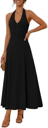 MEROKEETY Women's Formal Halter Maxi Dress 2026 Summer Backless Sleeveless V Neck Ruched Cocktail Wedding Guest Dresses Small