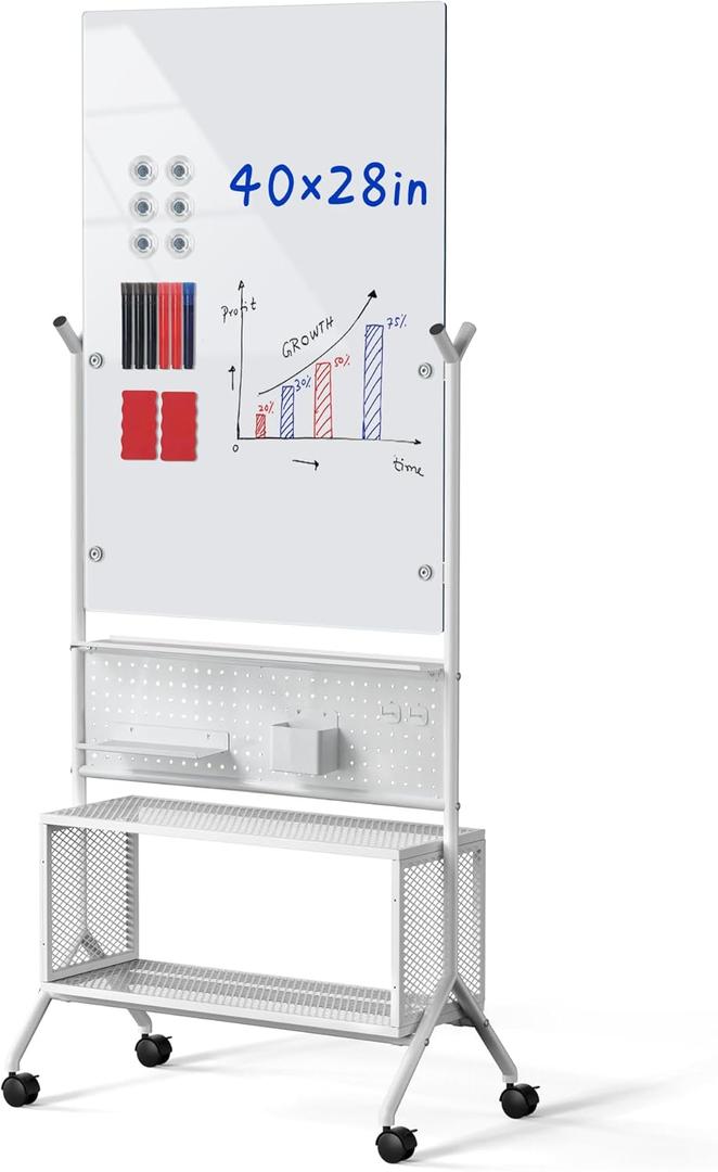 40 x 28 inch Mobile Magnetic Glass Whiteboard, Double-Sided Board with Felt Back and Storage for Office & Classroom, White