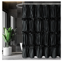 Black Ruffle Shower Curtain, Vintage Handcrafted Bow Tie Bath Curtain for Master Bathroom, Ruched Satin Bathroom Curtain with 12 Buttonholes, 72" W x 72" H (LQ-10)