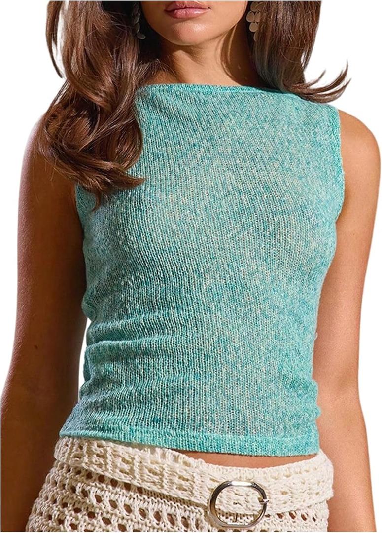 Milumia Women's Y2k Boat Neck Knitted Tank Top Sleeveless Slim Fit Casual Tops (Green, XL)