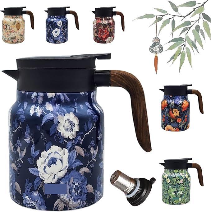 Vintage Floral Pattern Tea Pots – Builtin Infuser, Vintage Floral Teapot With Built In Infuser Stainless Steel Thermal Carafe With Lid For Hot Drinks, Blue (Wooden Handle, 35Oz)