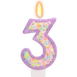 Number 3 Birthday Candle with Sprinkles, Pastel Purple Unicorn Rainbow Cake Topper, Sweet Candyland Party Decorations for Girl Boy 3rd Birthday
