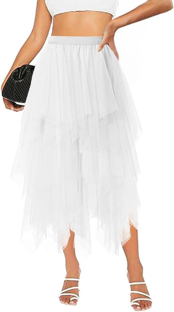 Tulle Skirts for Women Midi Long Tutu Skirt A-Line Mesh Layered Fairy Trendy High Elastic Waist Halloween Skirts (White)