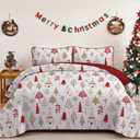 Anibedding Christmas Quilt Set King Size, Xmas Tree Snowflakes Pattern Bedspread Reversible Christmas Bedding Set, Soft Lightweight Microfiber Winter Coverlet Set(104"x90", 3 Pieces) (White-red)