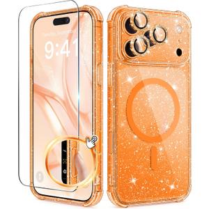 BERFY for iPhone 17 Pro Max Case for Women, Compatible with MagSafe, Clear Glitter Shockproof Protective Case, Anti-Yellowing, with Screen Protector & 3 Diamond Camera Lens Covers 6.9", Star Orange (Sparkle Cosmic Orange)