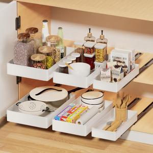 Creahaus 3 Pack Pull Out Drawers for Cabinets with Metal Slides, Easy to Install Cabinet Roll Out Shelves, Smooth Slide Out Drawers for Kitchen Cabinets with Nano Adhesive