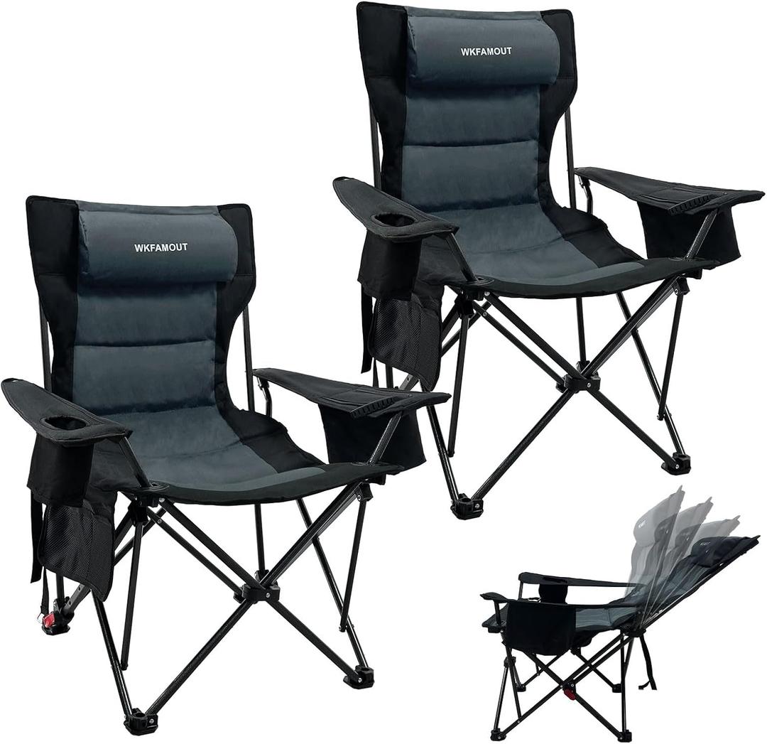 2 Pack 4-Position Reclining Camping Chair Padded with Cooler Bag for Adults, Folding Outdoor Camp Chair Heavy Duty with Cup Holder Supports 265 lbs
