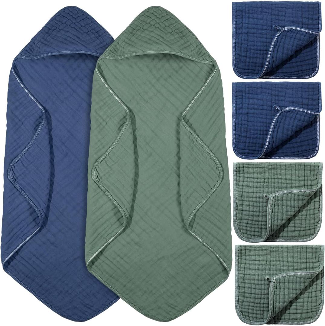 VitalCozy 6 Pcs Baby Muslin Hooded Bath Towels and Washcloths, 32 x 32 Inch Cotton Absorbent Blankets for Newborn Infant Shower Gift (Green, Blue)