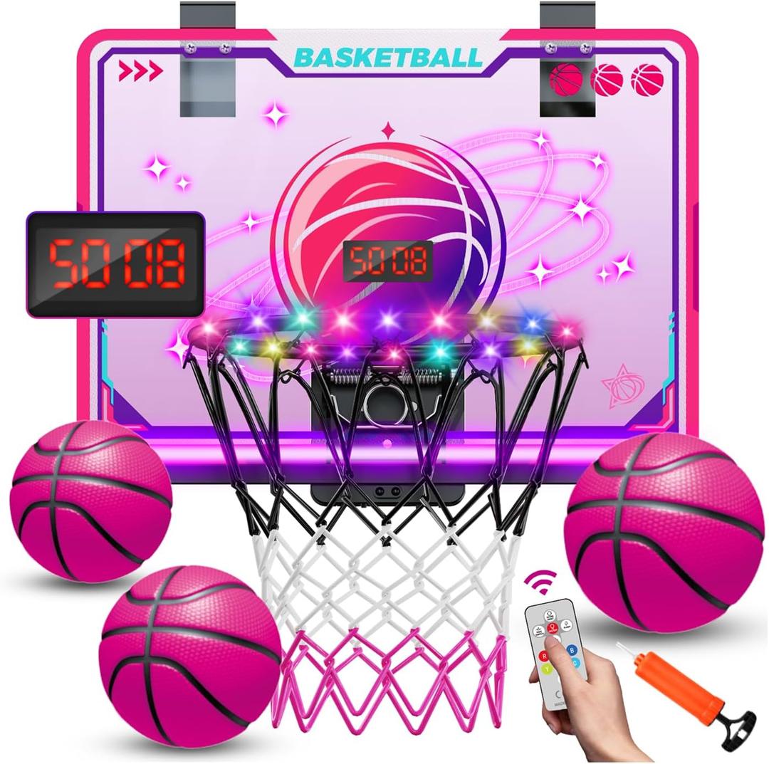 VATOS Basketball Hoop for Girls Indoor, LED Basketball Hoop with 7 Color Lights, Glowing Rim, Scoreboard & Remote Controller, Basketball Set Sports Toys Birthday Gifts for Girls Kids Teens 5-12
