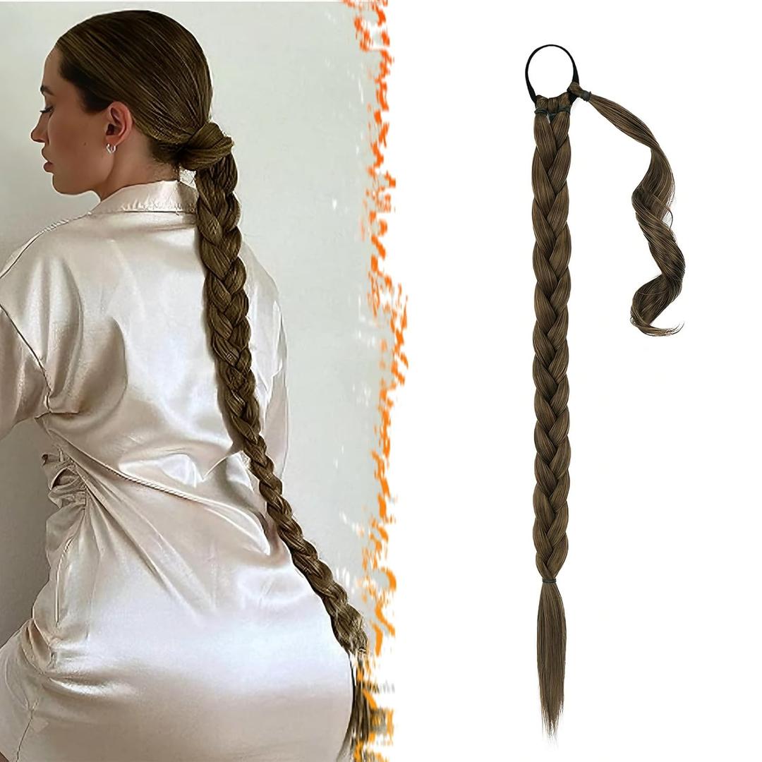BARSDAR 26 Inch Long Braided Ponytail Extension with Hair Tie - Straight Sleek Wrap Around Brown Braided Ponytail Hair Extensions- Synthetic Pony Tails Hairpieces for Women - Chestnut Brown Mixed