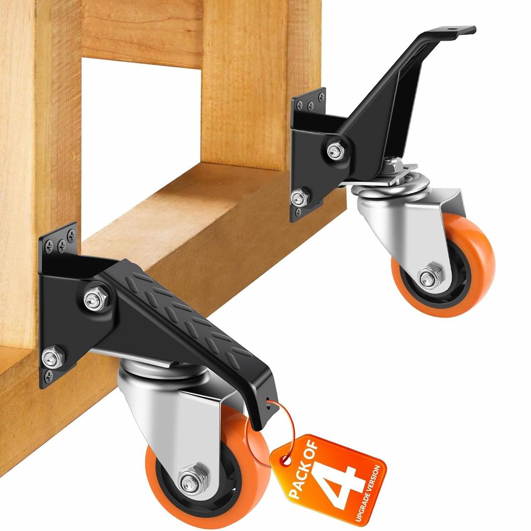 Caster Wheels, 3 Inch Workbench Casters Set of 4 Heavy Duty - 800 Lbs Capacity Retractable Swivel Castors with No Noise Polyurethane Wheels, Easy to Install for Tables Legs, Work Bench & Tool Carts