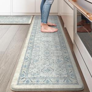 KIMODE Anti Fatigue Kitchen Mat, Boho Distressed Kitchen Rugs Sets of 2,Kitchen Mats for Floor Cushioned Non Slip, Comfort Kitchen Floor Mats for Sink, Laundry, Desk Blue 17"x59"+17"x29"