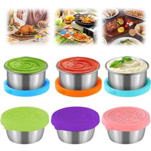 6 Packs Salad Dressing To Go Containers, 1.6/2.4 oz Small Reusable Stainless Steel Sauce Cups With Silicone Lids, Condiment Containers with Lids For Lunch Boxes Picnics Travel Kitchen Storage (1.6oz)