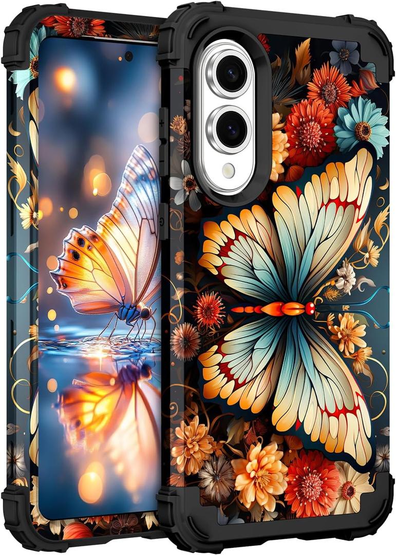 Hocase for Galaxy S25 Edge Case, Heavy Duty Shockproof Protection Soft Silicone Rubber+Hard Plastic Bumper Hybrid Protective Case for Samsung Galaxy S25 Edge (6.7") 2025 - Butterfly on Flowers