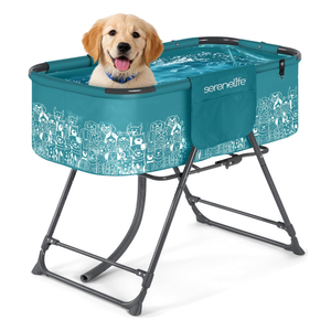 SereneLife Foldable Dog Bath Tub with Adjustable Height, 360° Access, Drain Hose & Storage Pockets – 130 lb Capacity Grooming Station for Indoor/Outdoor Use, Blue
