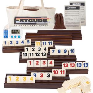 Extguds 6 Player Rummy Cube Game Set, Classic Large Tiles Rummy Cube Game, with 6 Wooden Racks/Trays, 160 Rummy Tiles, Portable Canvas Bag, 1 Timer, 1 Storage Bag,for Family and Party