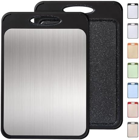 Stainless Steel Cutting Board, Best Non Toxic Cutting Boards for Kitchen, Double Sided Metal Chopping Board for Meat/Vegetables, Stainless Steel/Wheat Straw PP, Kitchen Gifts Easy to Clean 16”×11”